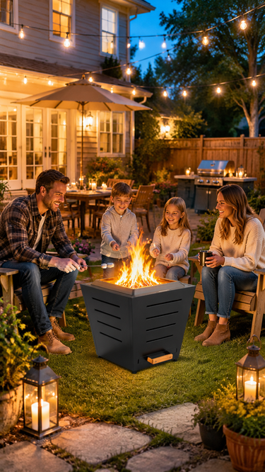 Family enjoying spring evening around 25-inch smokeless fire pit in backyard, roasting marshmallows with string lights