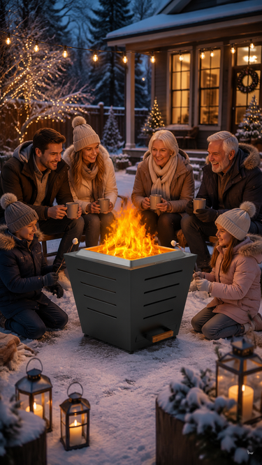 Multi-generational family gathering around smokeless fire pit in winter snow, drinking hot cocoa in cozy outdoor setting