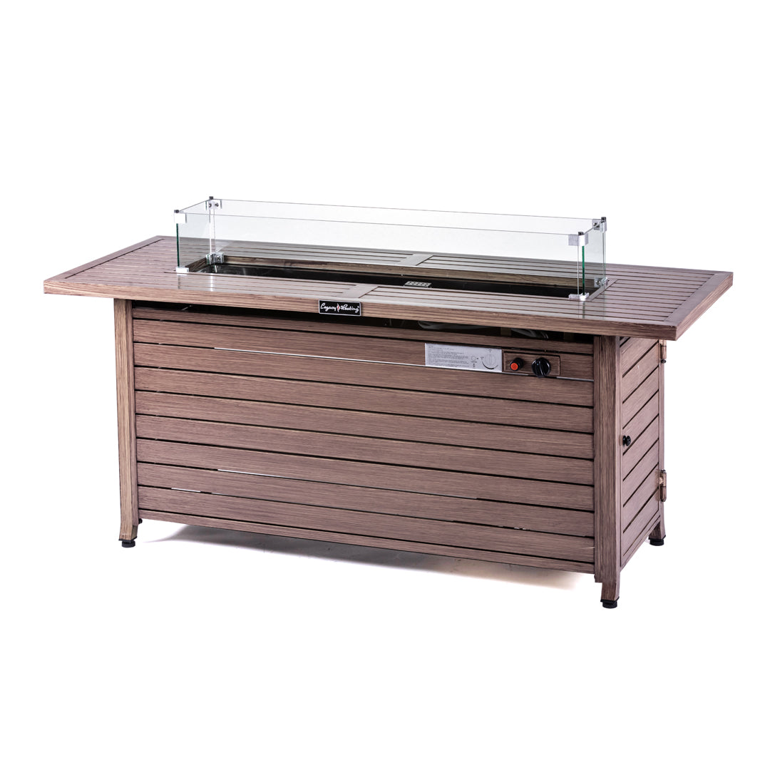 Rectangular Fire Pit Table With Stainless Steel Burner & Glass Wind Guard - Brushed Yellow Wood