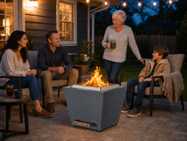 A multigenerational family gathering around a smokeless fire pit on a backyard patio at dusk.