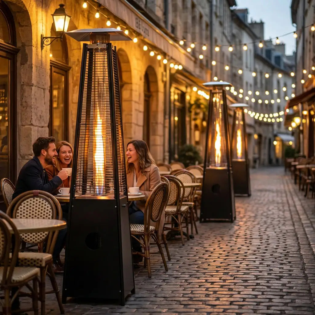Legacy Heating CAPH-GT-S N hammered black pyramid flame patio heaters warming guests at an outdoor café with string lights in the evening.