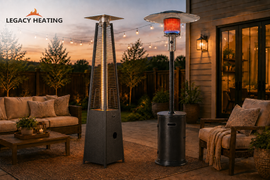 Two Legacy Heating standing patio heater models displayed on a luxury backyard patio at dusk, featured as cover for essential accessories guide showing protective covers, propane tanks, and maintenance tools needed for optimal outdoor heating performance.
