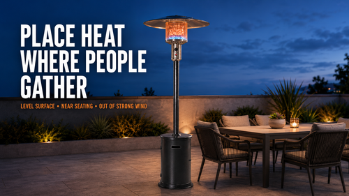 Legacy Heating KD07-S outdoor patio heater placed on a level surface near dining seating for comfortable and efficient radiant warmth.