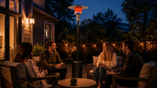 Legacy Heating KD07-S standing propane patio heater warming a four-person backyard seating area at dusk.