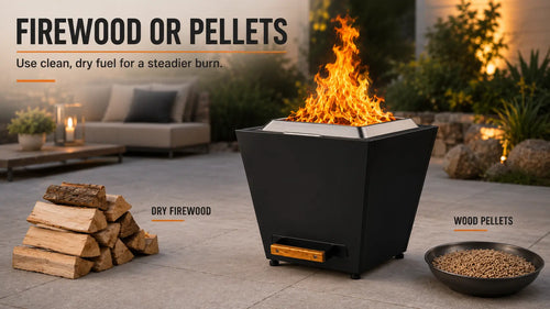 Black LEGACY HEATING 20 Inch Flat Smokeless Fire Pit burning on a backyard stone patio, with dry split firewood and a bowl of suitable wood pellets displayed as two compatible fuel options.