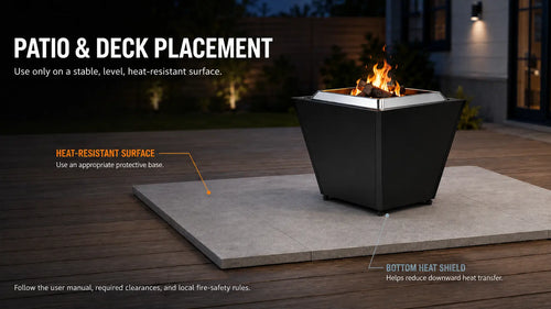 LEGACY HEATING 20-inch Black Flat Smokeless Fire Pit placed on a large heat-resistant stone base over a backyard deck, with callouts indicating the protective surface and bottom heat-shield location.