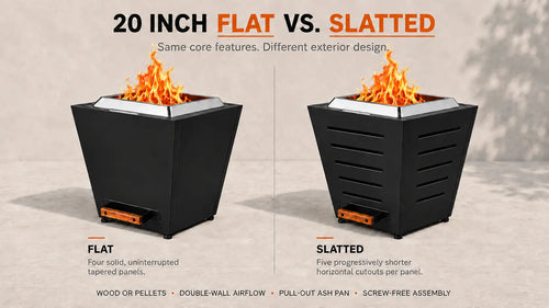 Side-by-side comparison of black LEGACY HEATING 20 Inch Flat and Slatted Smokeless Fire Pits with active flames, showing solid tapered panels on the Flat model and five progressively shorter horizontal cutouts on each Slatted panel.