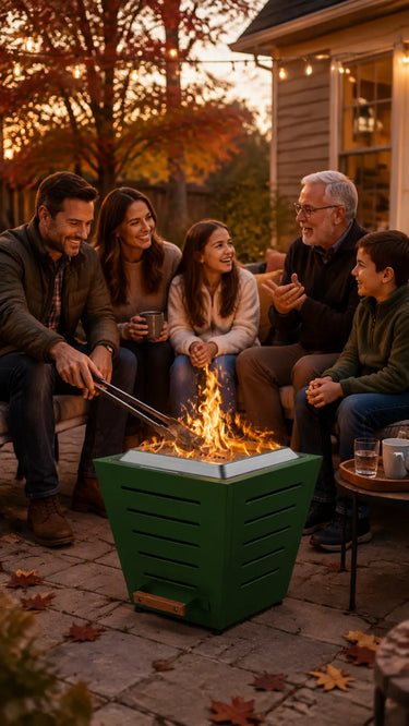 Family enjoying a Jewel Green LEGACY HEATING 20 Inch Slatted Smokeless Fire Pit with a wood fire in an early-fall backyard.