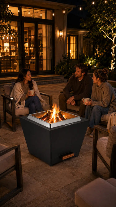 Three close friends linger by a Legacy Heating 25-inch black flat smokeless fire pit after dark, talking over ceramic mugs as empty lounge chairs and warm window light create an intimate late-night backyard setting.