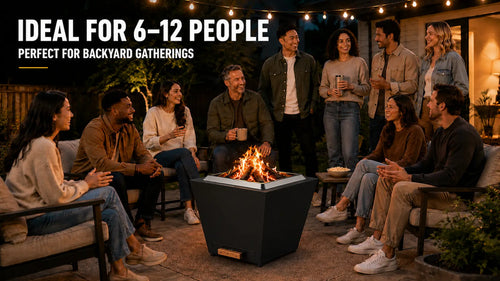 Legacy Heating 25-inch black flat smokeless fire pit with solid black steel panels, a raised brushed stainless steel fire ring, front pull-out ash pan with wood handle, and a natural wood fire, surrounded by eleven adults on a blue-hour backyard patio.