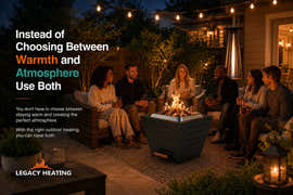 Group of friends gathered around a Legacy Heating 25-inch smokeless fire pit on an outdoor patio at night, enjoying conversation with string lights overhead and a standing patio heater in the background, creating both warmth and a cozy atmosphere for backyard entertaining.