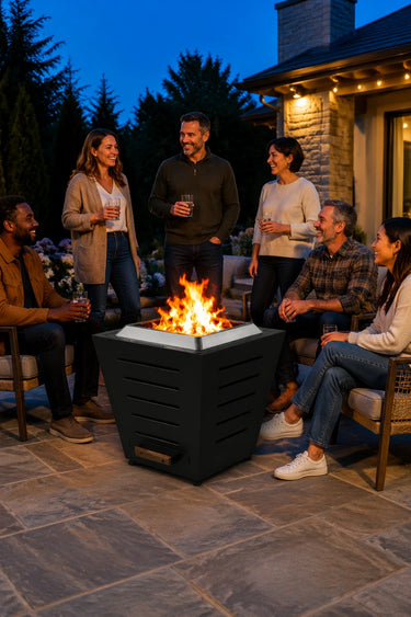 Six friends gathered around a LEGACY HEATING 25-inch black slatted smokeless fire pit with a controlled wood fire on a blue-hour backyard patio.