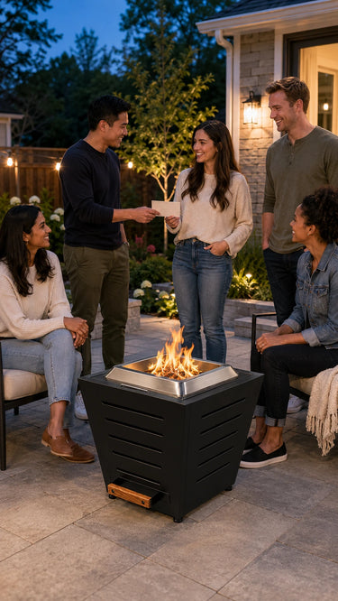 Five friends gather around a LEGACY HEATING 25-inch black slatted smokeless fire pit on a newly finished backyard patio, with a housewarming card being exchanged.