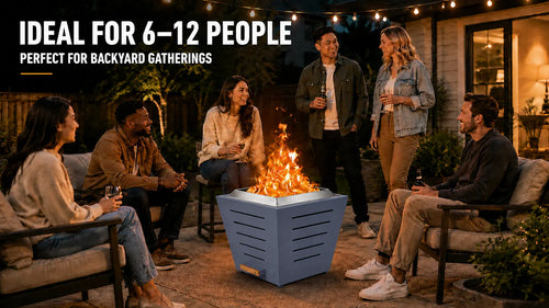 Legacy Heating 25 Inch Haze Blue Slatted Smokeless Fire Pit burning on a backyard patio, ideal for gatherings of 6 to 12 people.