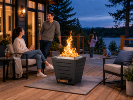 Young family enjoying a lakeside deck with a Legacy Heating 25-inch wood-burning smokeless fire pit while children play nearby.