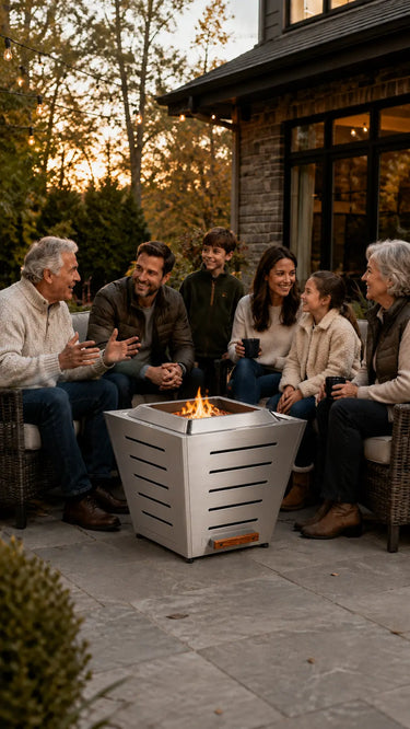 Family gathered around a LEGACY HEATING 25-inch Stainless Steel slatted smokeless fire pit with a controlled wood fire on an early-fall backyard patio.