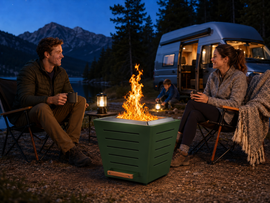 Young couple relaxing beside a camper van with a green 25 inch smokeless fire pit at a mountain campsite as a child plays nearby.