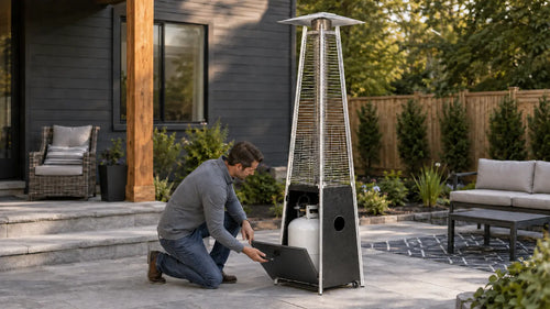 Standard 20 lb propane tank installed inside the base of a Legacy Heating hammered black flame patio heater.