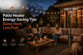 Legacy Heating KD07-S standing patio heater providing efficient warmth for families gathered on an outdoor patio at night, illustrating energy-saving tips with the concept 'Same Heat, Less Fuel' through smart placement and lower propane use for comfortable outdoor living.
