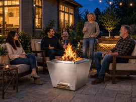 Family relaxing around a Legacy Heating 25-inch stainless steel smokeless fire pit in a softly lit backyard at blue hour, with two children playing safely in the background.