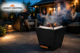 Three adults cough and turn away as smoke drifts from a Legacy Heating 20-inch black flat smokeless fire pit on a backyard patio.