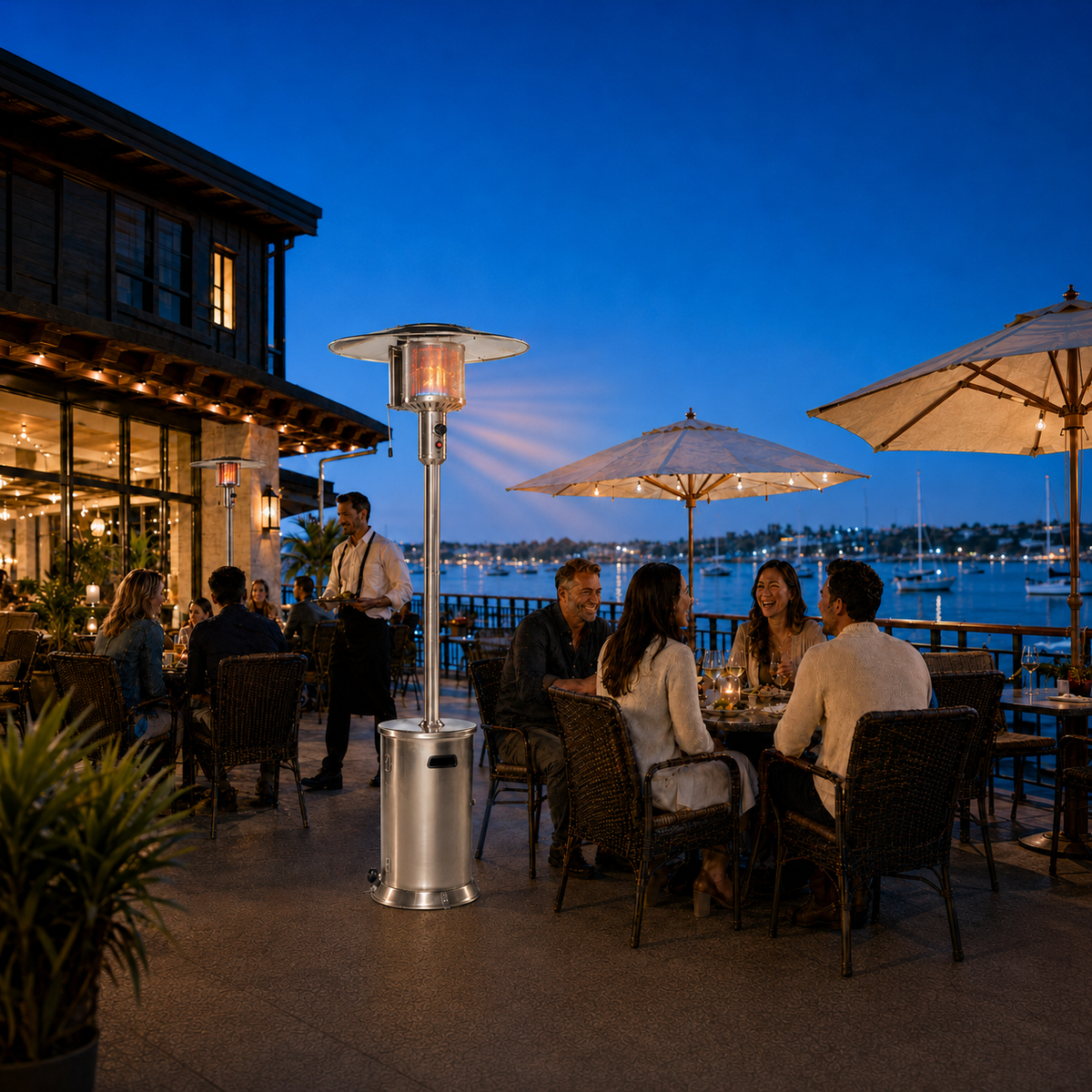 Legacy Heating Zone Heat Tech ZH07-SS stainless steel directional patio heater providing focused warmth for guests dining on a waterfront restaurant patio at dusk.