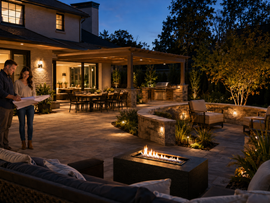 Homeowners reviewing landscape plans beside a fire table integrated into a newly remodeled backyard patio.