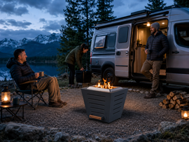 RV campers relaxing around a black slatted smokeless fire pit at a mountain lake campsite at dusk.