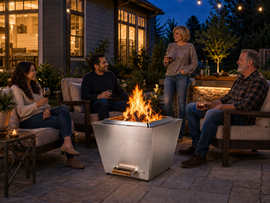 Four homeowners gathering around a stainless steel smokeless fire pit in an upgraded backyard patio at dusk.