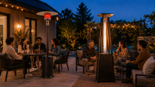 KD07-S standing patio heater and CAPH-GT-S pyramid flame patio heater warming two outdoor seating areas at dusk.