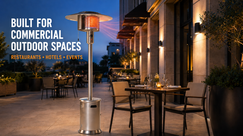 Legacy Heating Zone Heat Tech commercial patio heater directing focused heat toward restaurant seating on a hotel outdoor terrace.