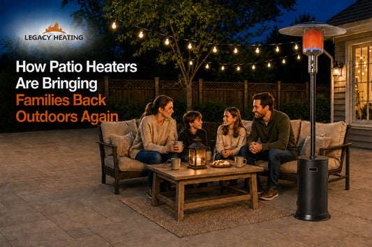 Legacy Heating patio heater keeps a family warm during an evening outdoor gathering on the backyard patio with string lights, showing how outdoor heating brings families together for quality time and creates lasting memories.