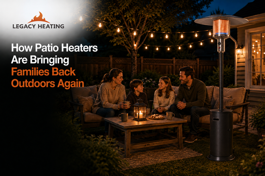 Legacy Heating standing patio heater keeping family warm during evening outdoor gathering on backyard patio with string lights, demonstrating how outdoor heating brings families together for quality time and creates lasting memories.