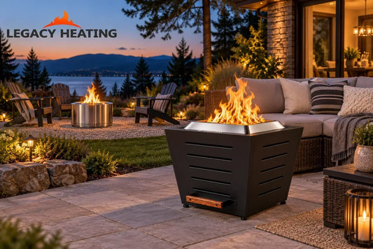 Legacy Heating square black smokeless fire pit in foreground with round stainless steel fire pit in background on luxury lakeside patio at dusk, featured in comprehensive guide comparing square and round fire pit shapes for outdoor living spaces.