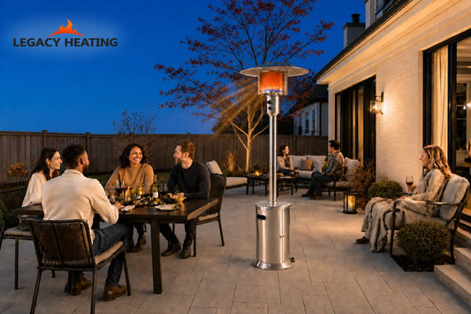 LEGACY HEATING ZH07-SS stainless steel Zone Heat Tech patio heater directing warmth toward family and friends dining together in a modern residential backyard patio during a cozy blue-hour evening gathering.
