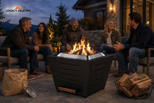 Group gathered around Legacy Heating smokeless fire pit at dusk with bag of wood pellets and basket of firewood nearby, featured in comprehensive comparison guide exploring fuel options for outdoor entertaining