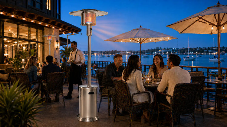 Family gathered around outdoor table with Zone Heat Tech directional patio heater saving fuel while heating backyard seating area