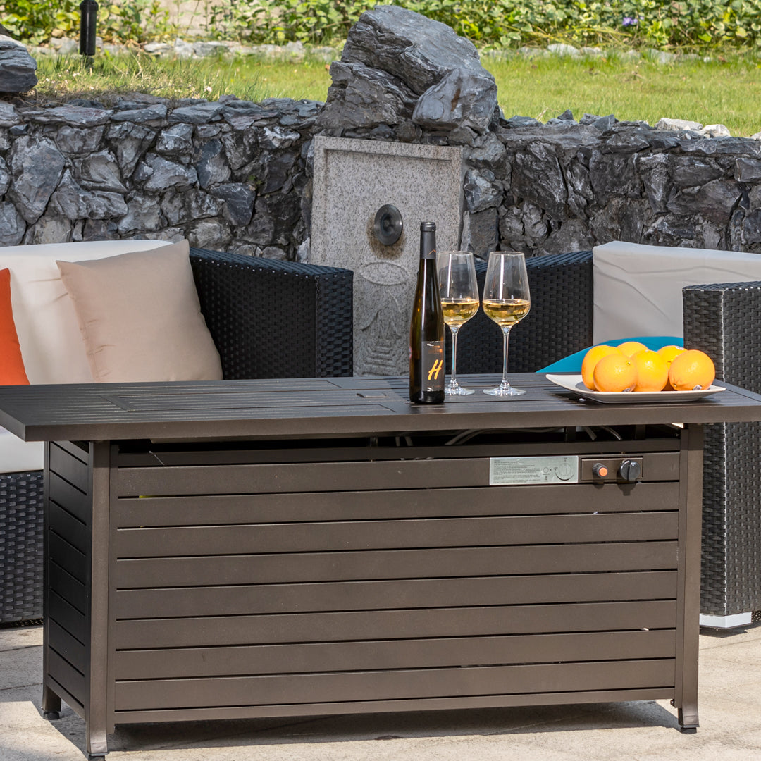Rectangular Fire Pit Table With Stainless Steel Burner & Glass Wind Guard - Brushed Yellow Wood