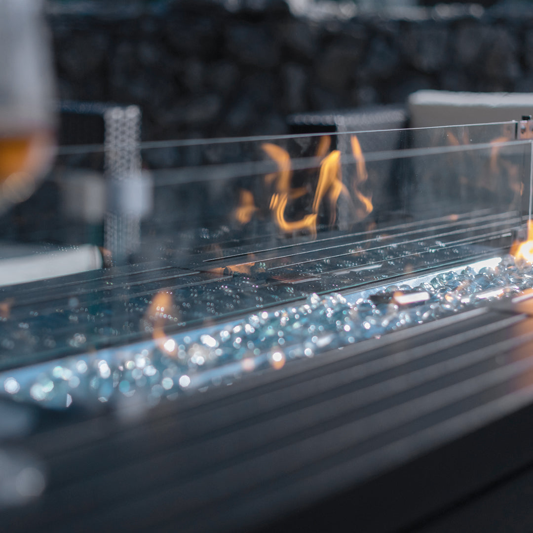 Rectangular Fire Pit Table With Stainless Steel Burner & Glass Wind Guard - Mocha