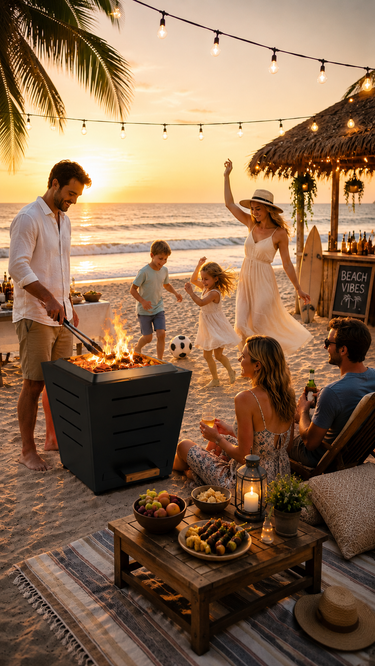"Beach sunset gathering with 25-inch smokeless fire pit, palm trees, string lights, and friends enjoying an outdoor party by the ocean"
