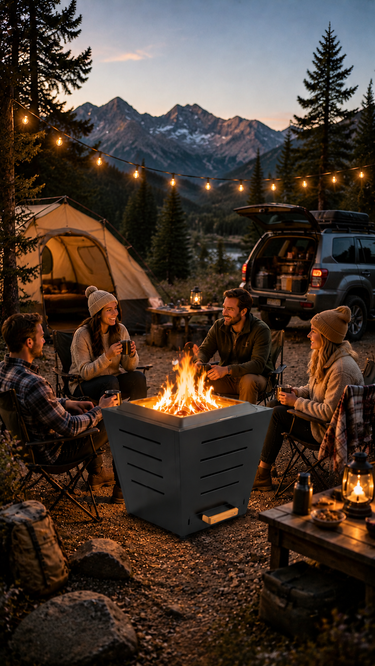 Friends camping with 25-inch smokeless fire pit in mountain setting with tent, string lights, SUV, and scenic peak backdrop at twilight - outdoor adventure firepit