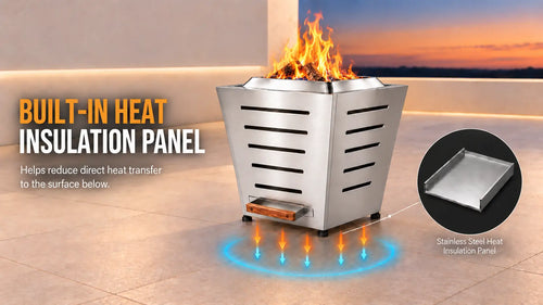 LEGACY HEATING 25-inch slatted stainless steel smokeless fire pit with five horizontal slots per panel, pull-out ash pan, and built-in stainless steel heat insulation panel that helps reduce direct heat transfer to the patio surface below.