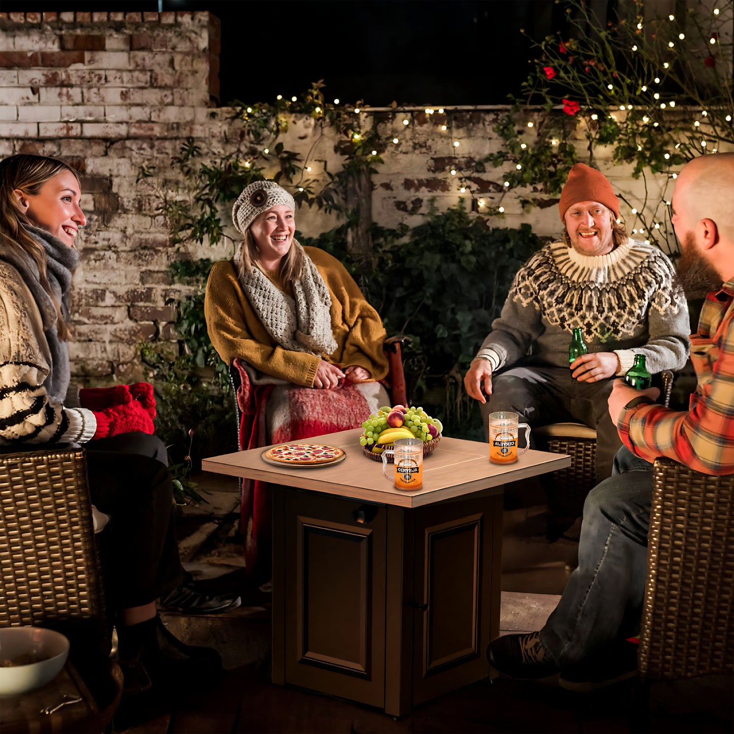 28 In Gas Fire Pit - Brushed Yellow Wood with Black Base