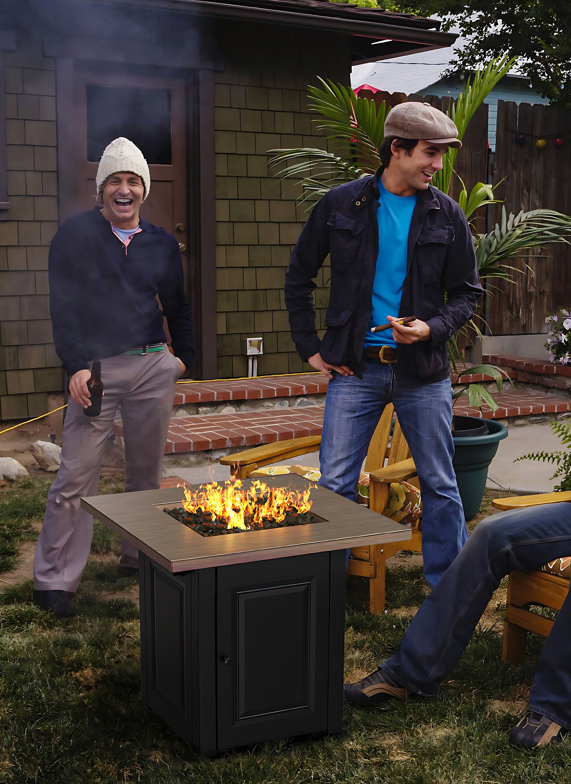 28 In Gas Fire Pit - Brushed Yellow Wood with Black Base
