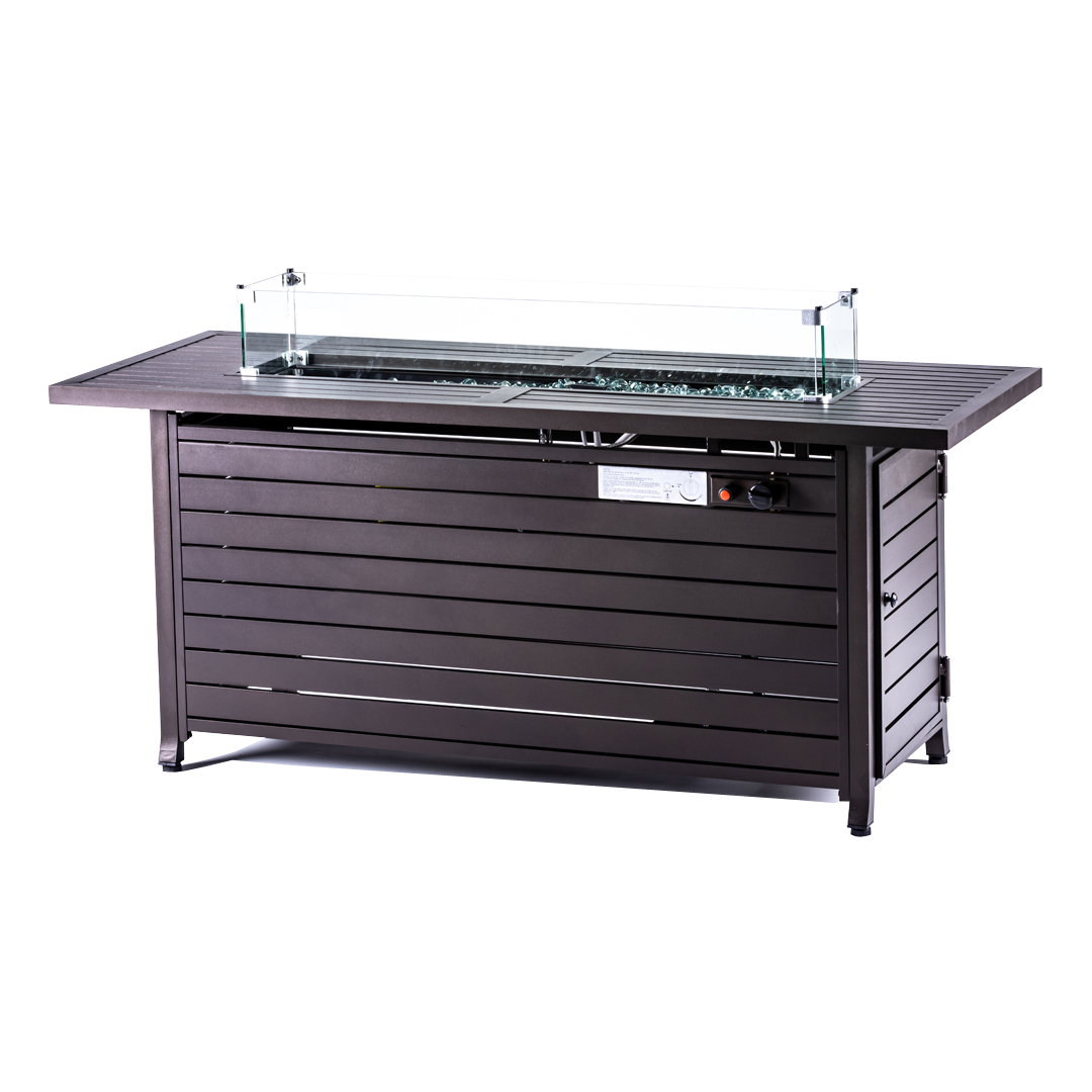 Rectangular Fire Pit Table With Stainless Steel Burner & Glass Wind Guard - Mocha