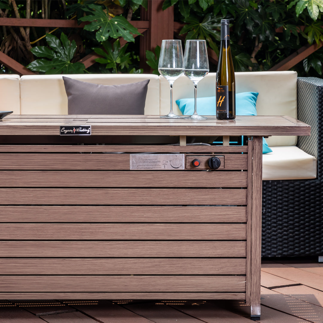 Rectangular Fire Pit Table With Stainless Steel Burner & Glass Wind Guard - Brushed Yellow Wood