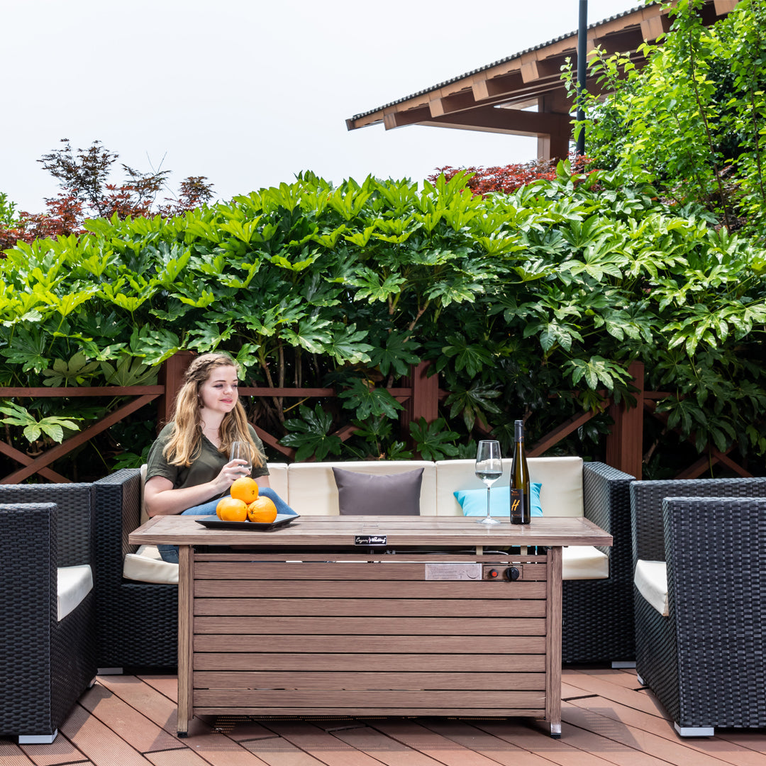 Rectangular Fire Pit Table With Stainless Steel Burner & Glass Wind Guard - Brushed Yellow Wood