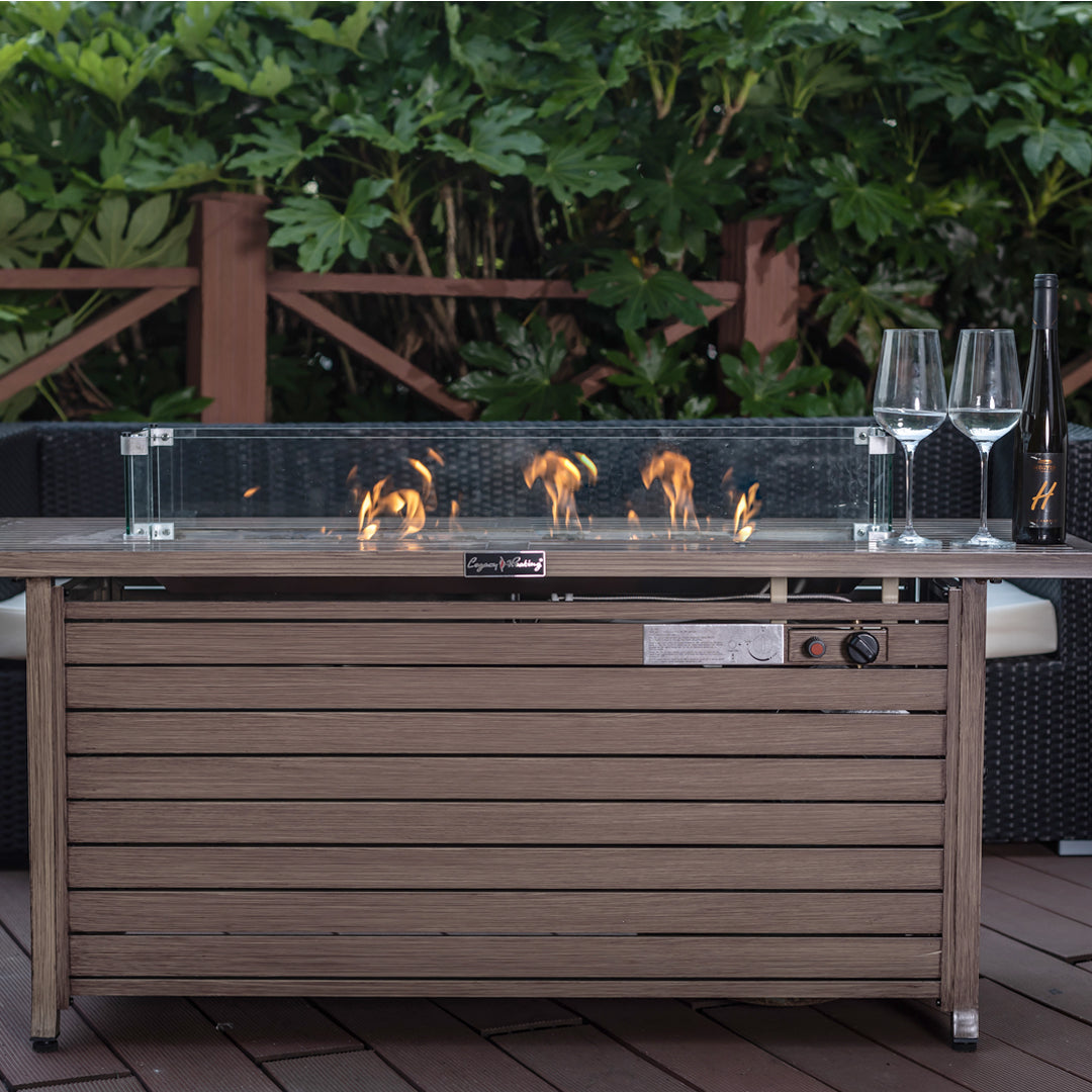 Rectangular Fire Pit Table With Stainless Steel Burner & Glass Wind Guard - Brushed Yellow Wood