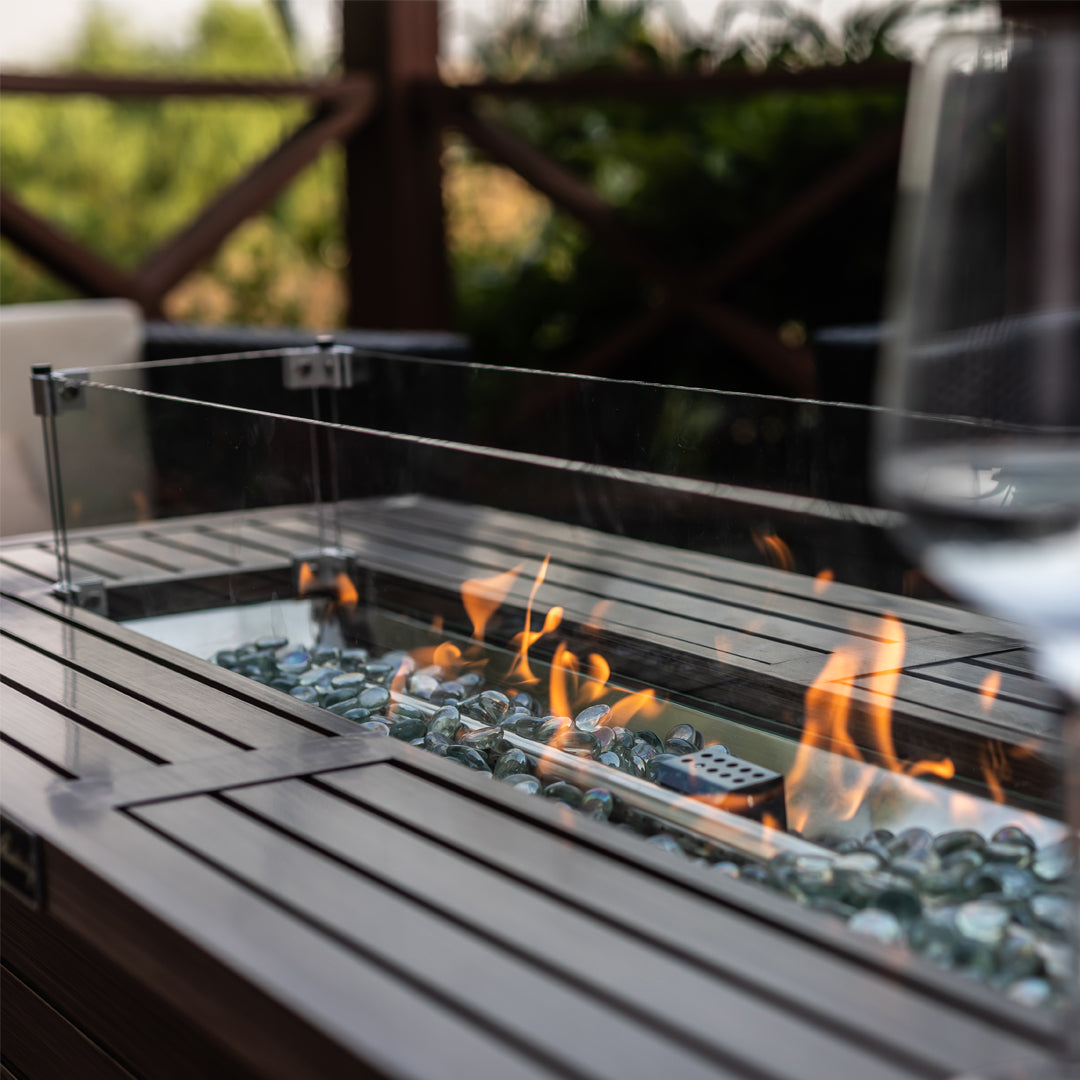 Rectangular Fire Pit Table With Stainless Steel Burner & Glass Wind Guard - Brushed Yellow Wood