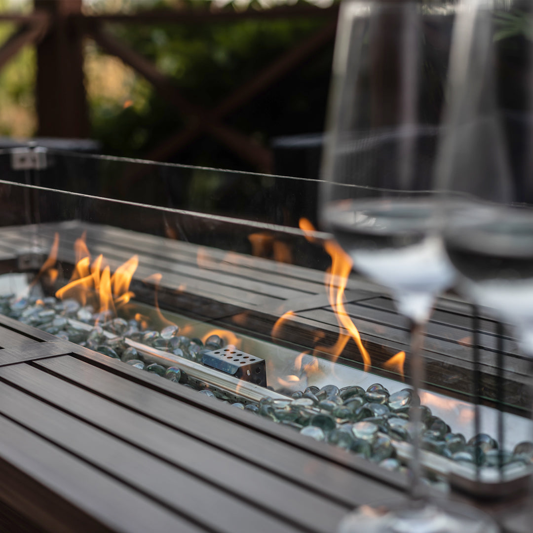 Rectangular Fire Pit Table With Stainless Steel Burner & Glass Wind Guard - Brushed Yellow Wood